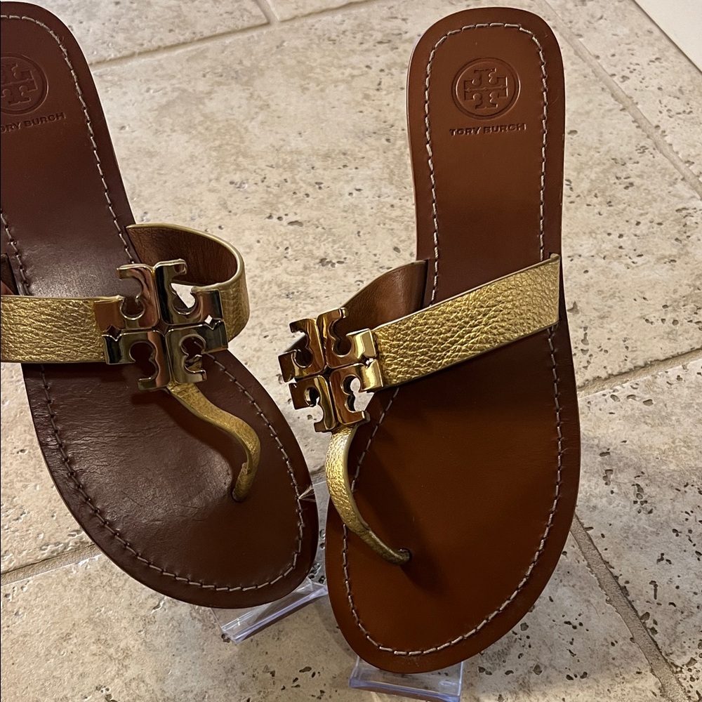 Tory Burch Gold and Brown Thong Sandals